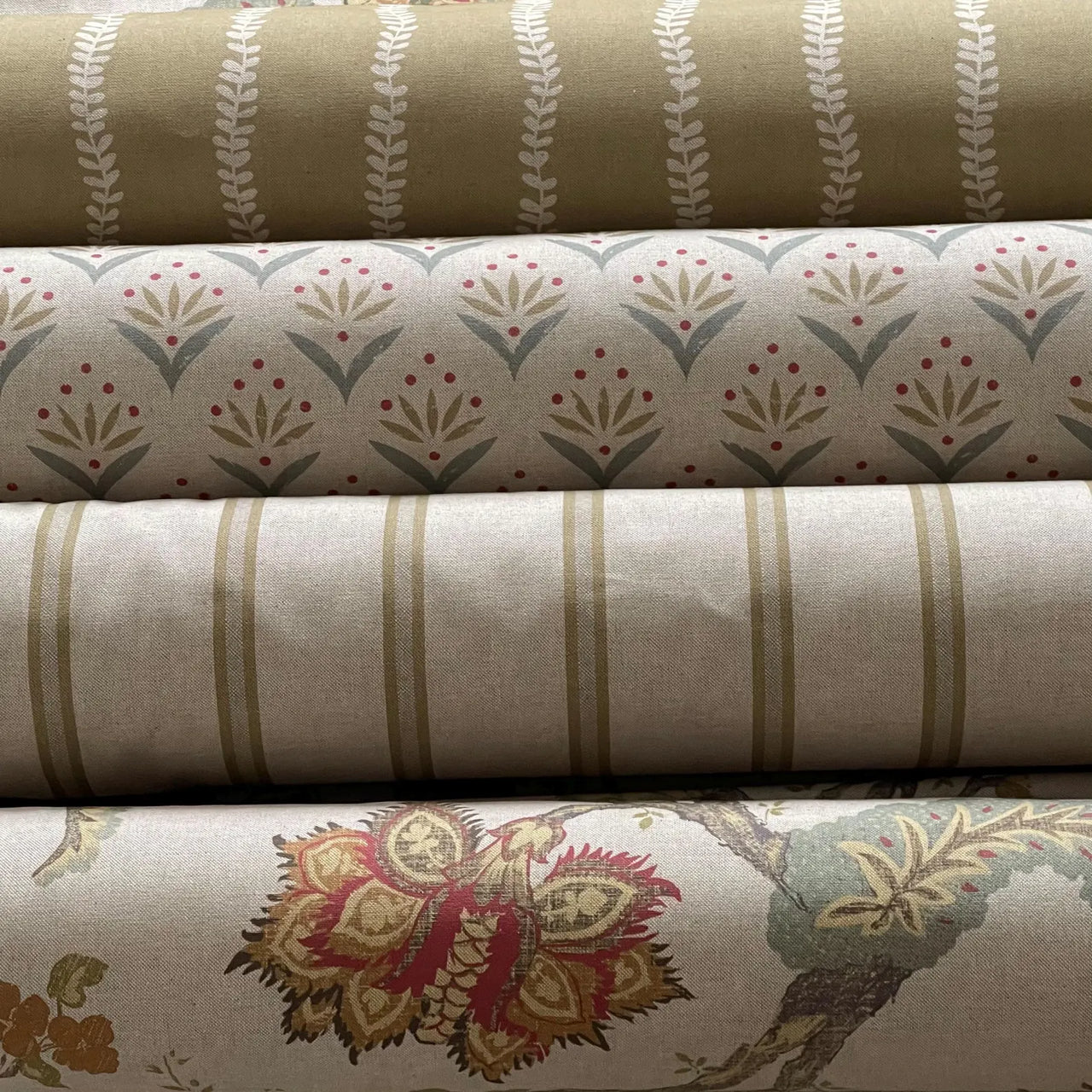 Collection of fabric swatches with various patterns