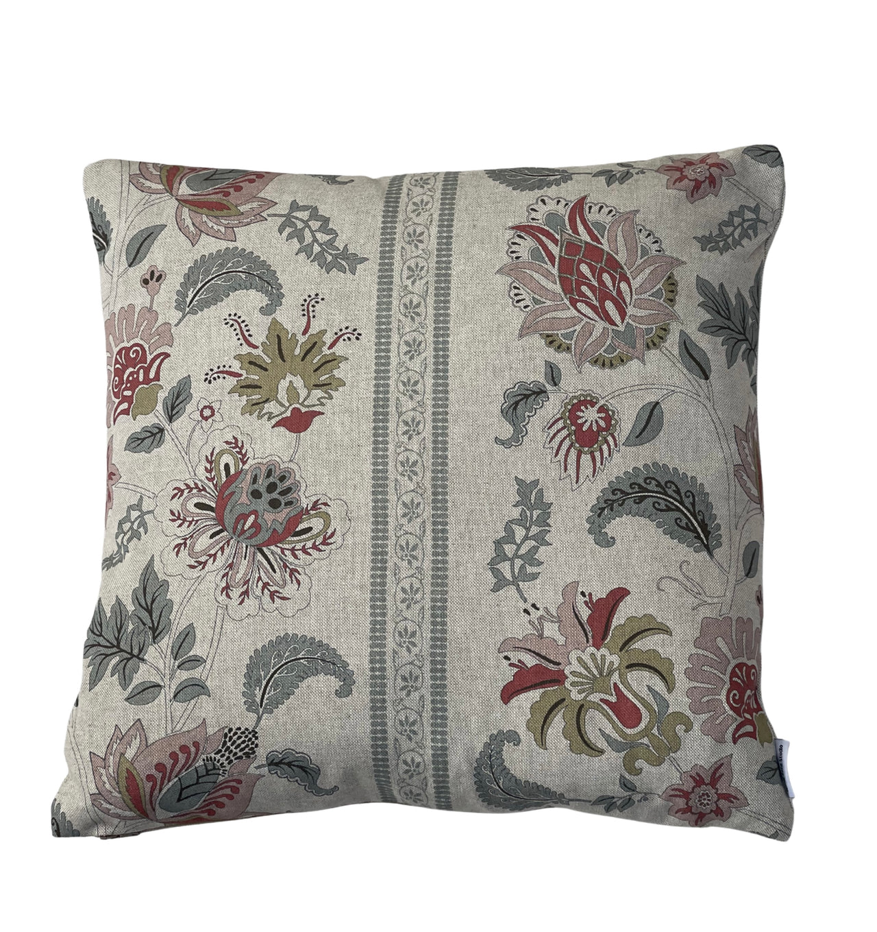 Country cottage Jacobean cushion cover with muted florals and decorative vertical stripe.