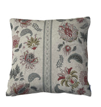 Thumbnail for Country cottage Jacobean cushion cover with muted florals and decorative vertical stripe.