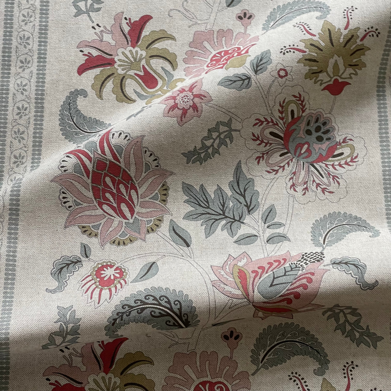 Traditional Jacobean country floral curtain fabric with decorative vertical stripe design