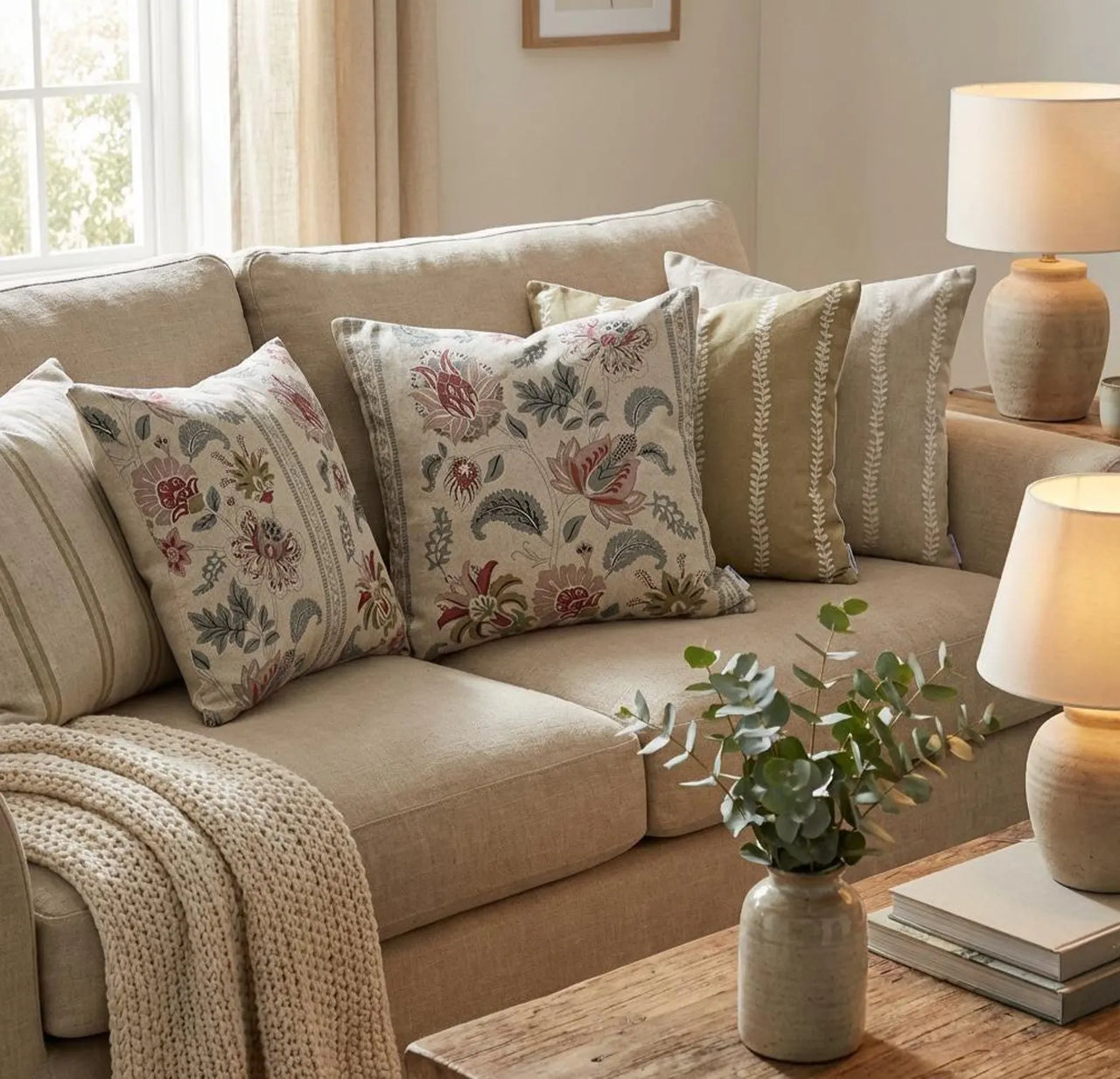 Jacobean floral cushion covers in blush pink, sage green and natural tones styled with coordinating striped cushions on a neutral country living room sofa.