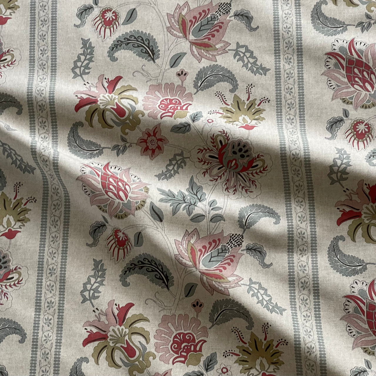 Jacobean floral fabric with linen look texture and traditional stripe pattern