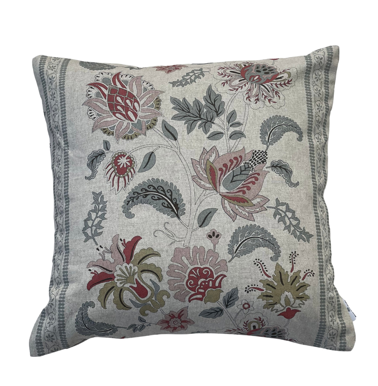 Jacobean floral stripe cushion cover in blush pink, sage green and natural linen-look fabric.