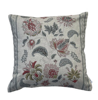 Thumbnail for Jacobean floral stripe cushion cover in blush pink, sage green and natural linen-look fabric.