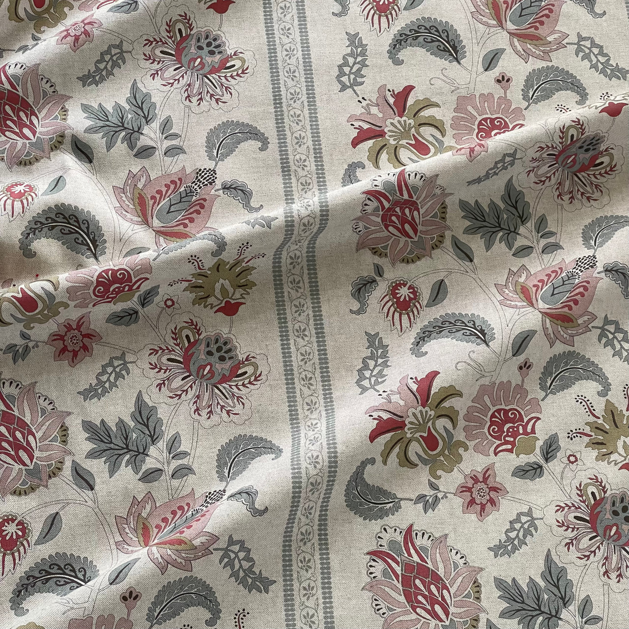 Jacobean floral stripe fabric in blush pink and sage green on natural linen look cotton blend