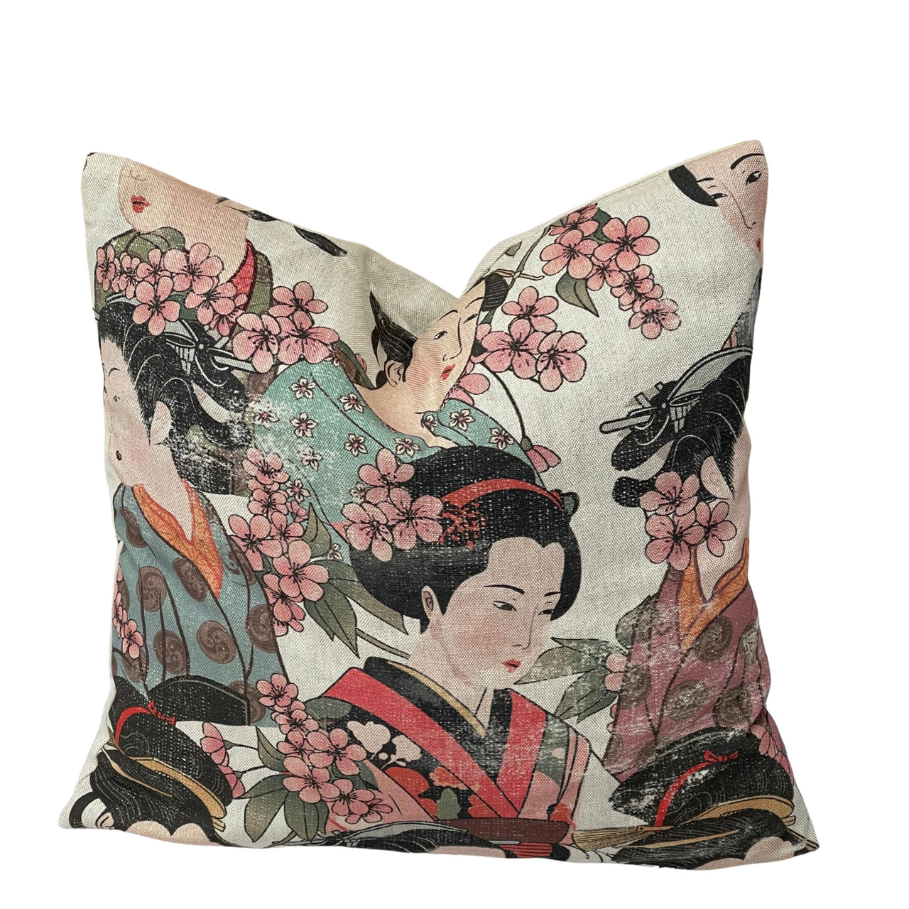 Handmade Japanese geisha cushion cover featuring traditional kimono-clad women and pink cherry blossoms on ivory linen-look cotton fabric.