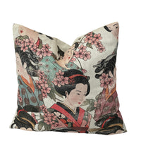 Thumbnail for Handmade Japanese geisha cushion cover featuring traditional kimono-clad women and pink cherry blossoms on ivory linen-look cotton fabric.