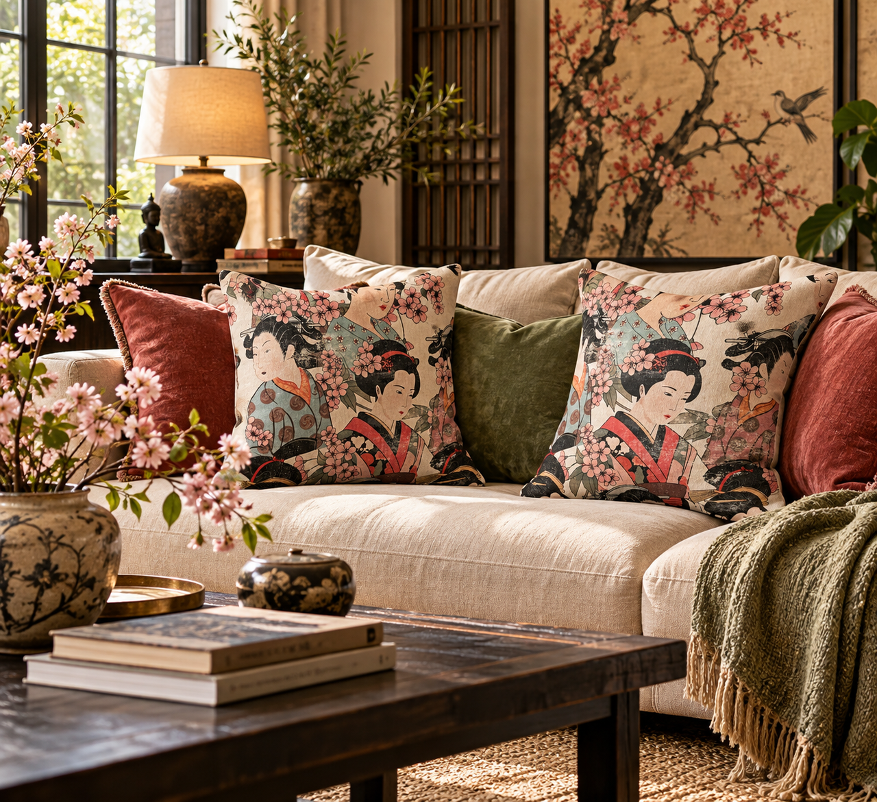 Two Japanese geisha cherry blossom cushion covers styled on a cream sofa with terracotta and olive green