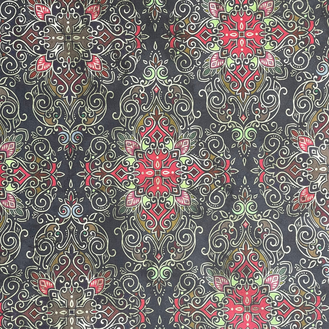 Dark bohemian textile with red geometric 