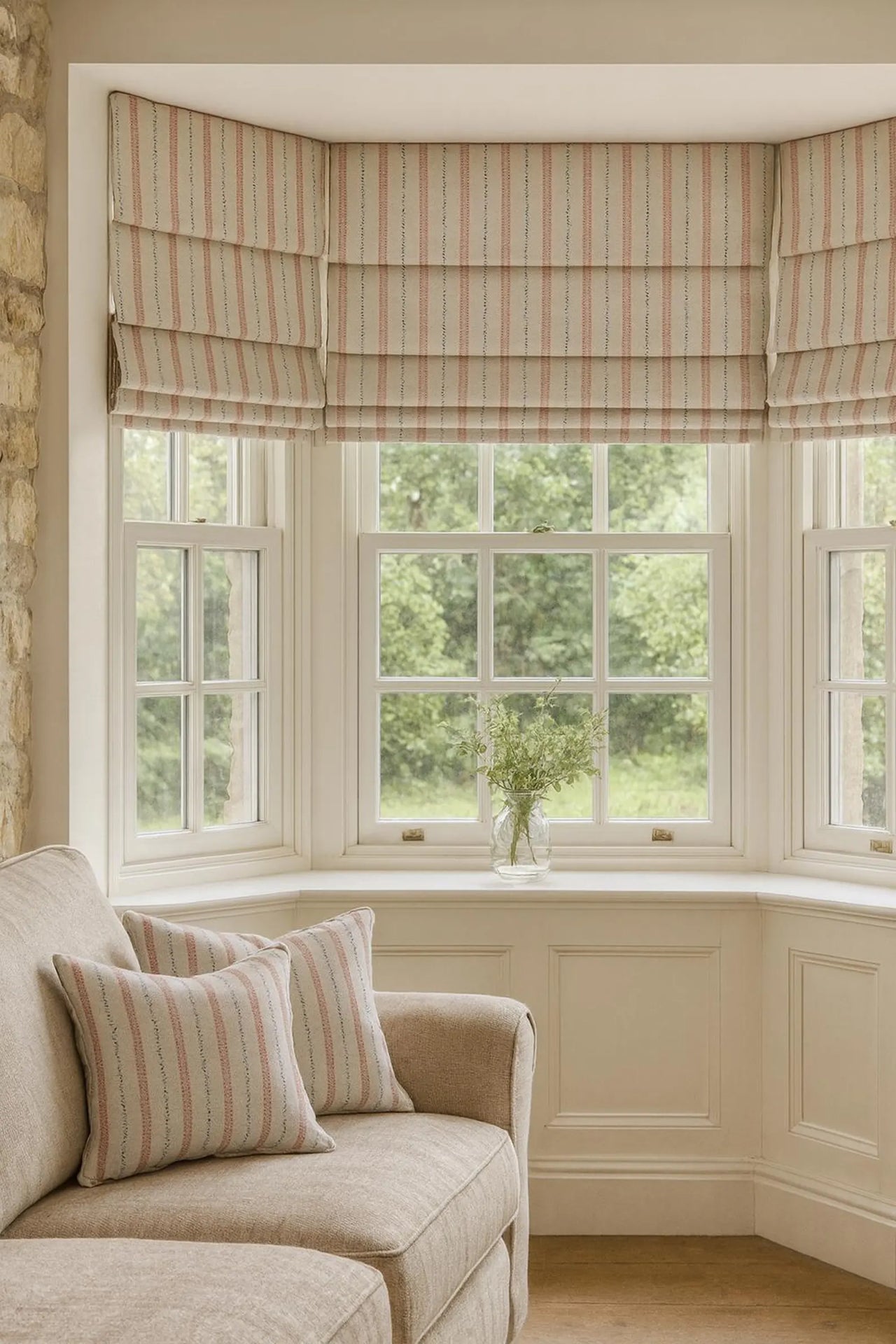 Linen-look cotton blend fabric with indigo blue and red vertical stripes