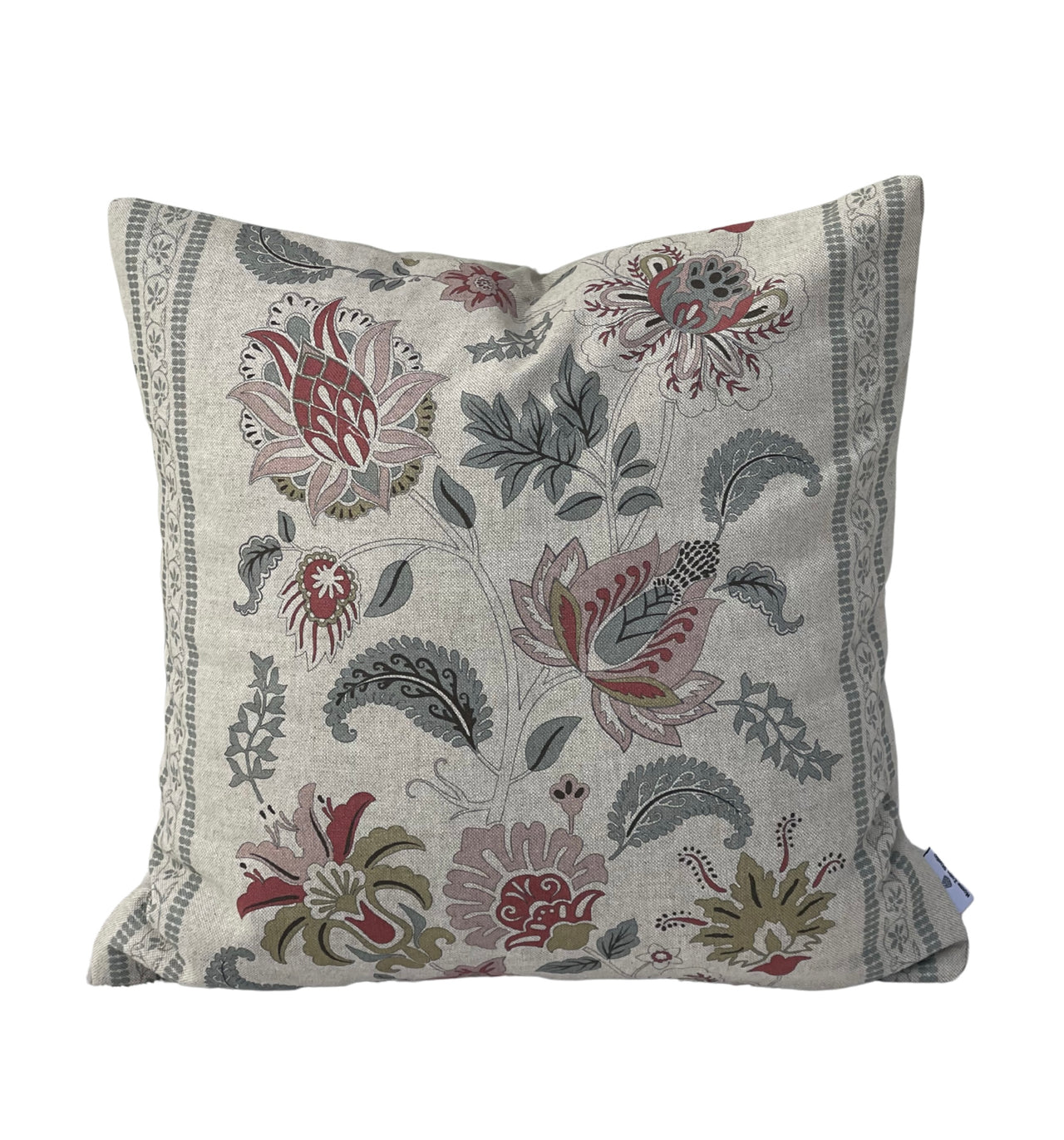 Linen-look cushion cover featuring Jacobean flowers in blush, sage, red and grey tones.