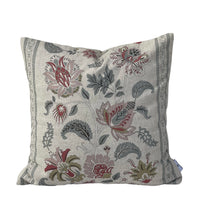 Thumbnail for Linen-look cushion cover featuring Jacobean flowers in blush, sage, red and grey tones.