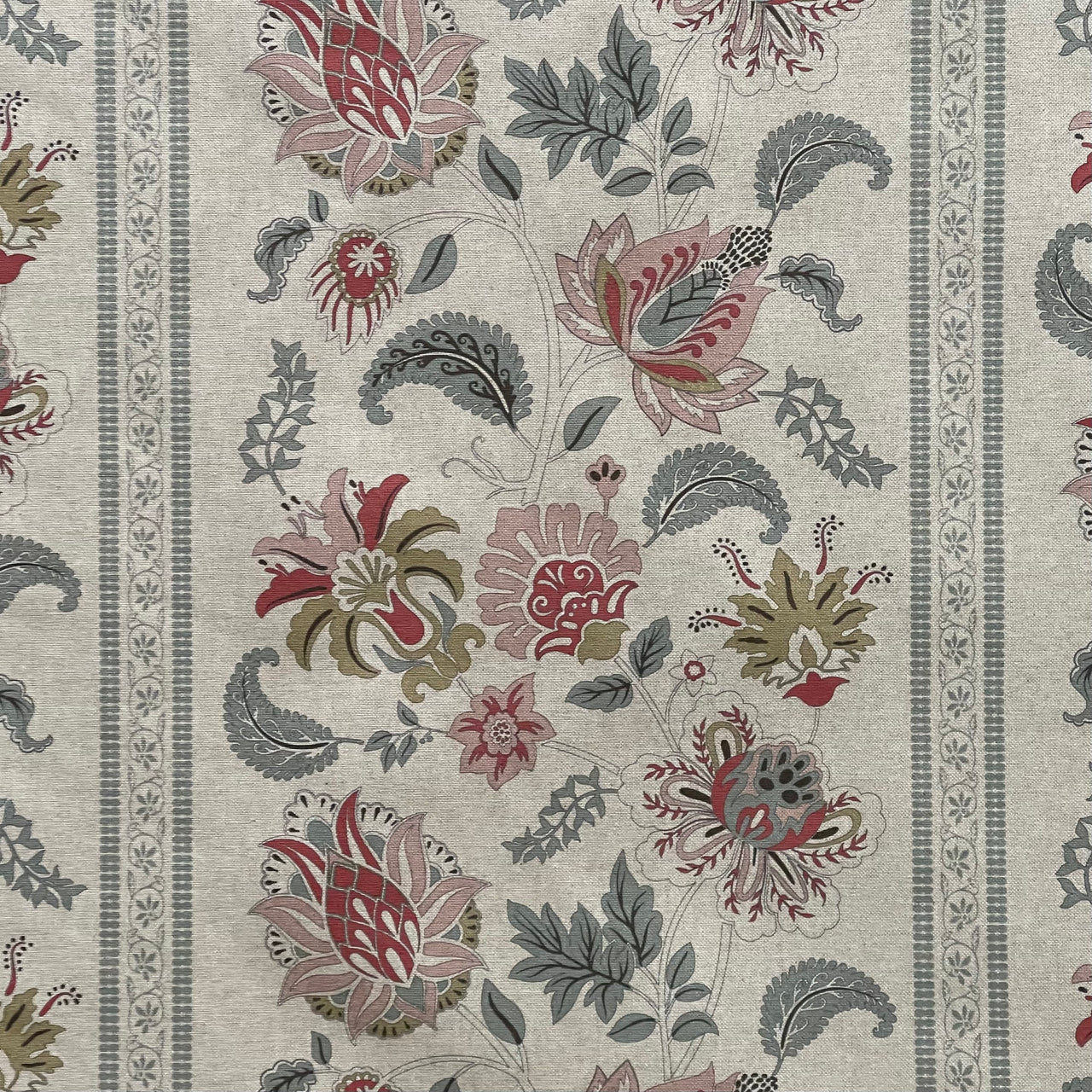 Linen look Jacobean floral stripe curtain fabric in blush pink sage green and soft red
