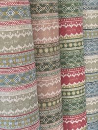 Thumbnail for Patterned fabric with multicolor stripes and geometric designs.
