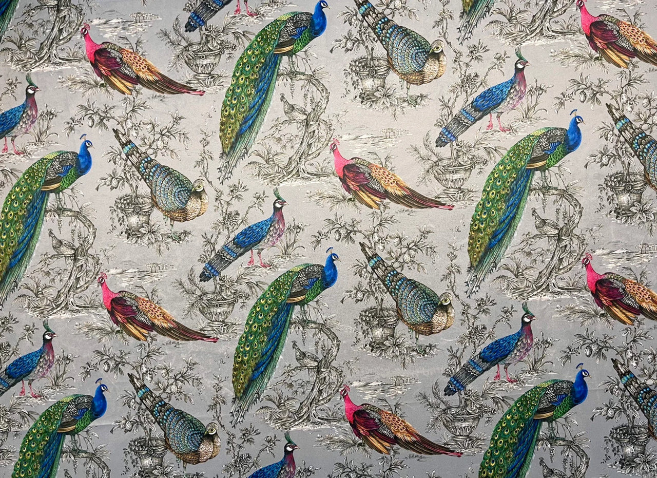 Decorative peacock and pheasant velvet fabric in silver grey, suitable for curtains, sofas and accent chairs.