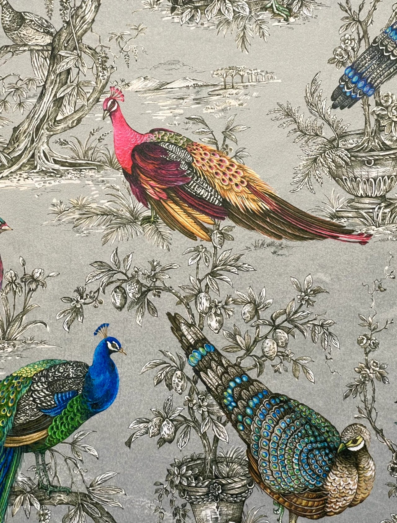 Elegant peacock and pheasant print velvet in silver tones, premium Italian upholstery fabric sold by the metre.