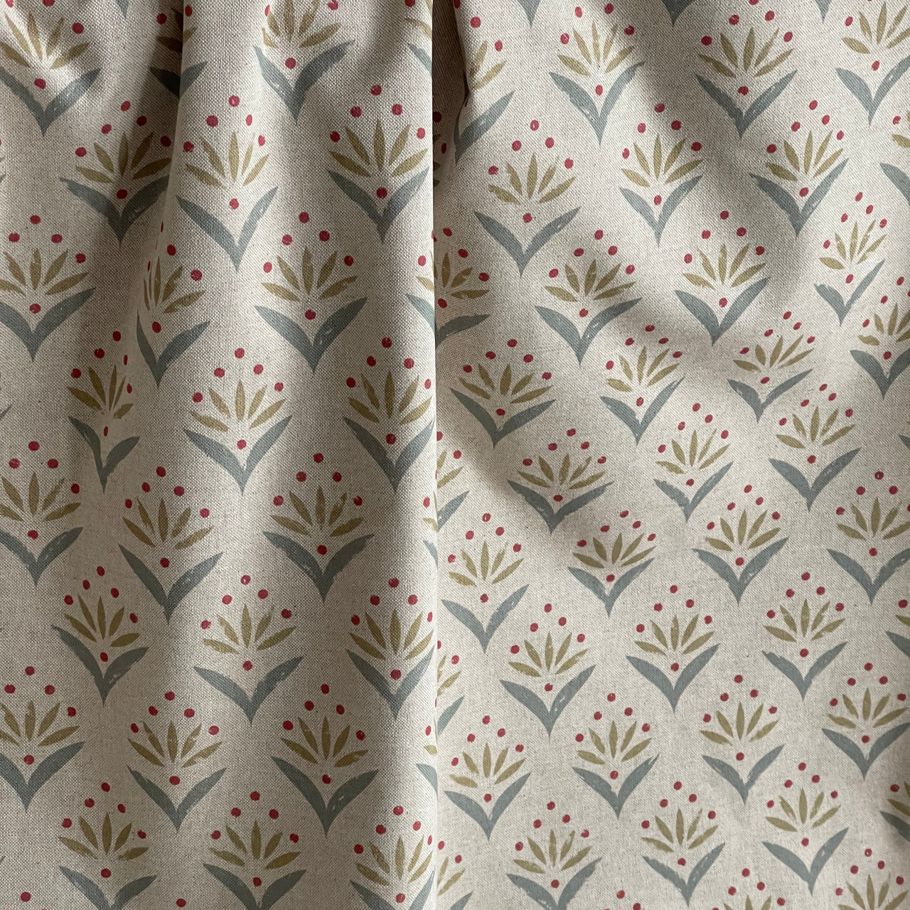 Meadow Berry duckegg botanical fabric with olive leaves and berry motif pattern