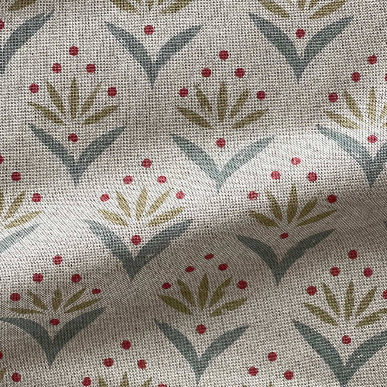 Meadow Berry duckegg cotton blend fabric texture with botanical print