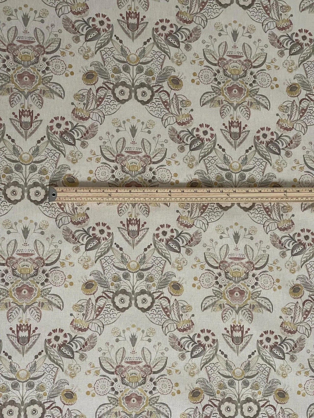 Linen look floral fabric with traditional folk design