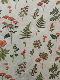 Thumbnail for Woodland botanical print showing small mushrooms, green fern fronds and scattered flowers on a pale grey background.