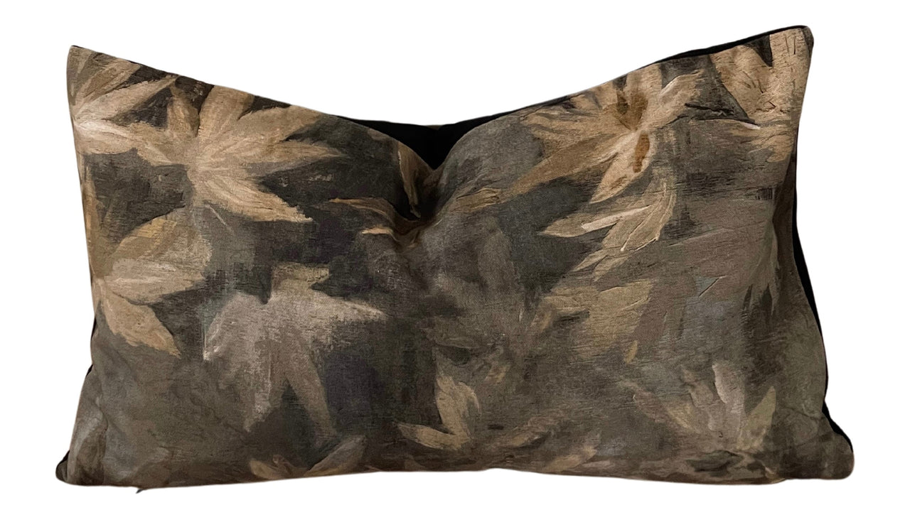 Designer throw pillow with black velvet and printed front