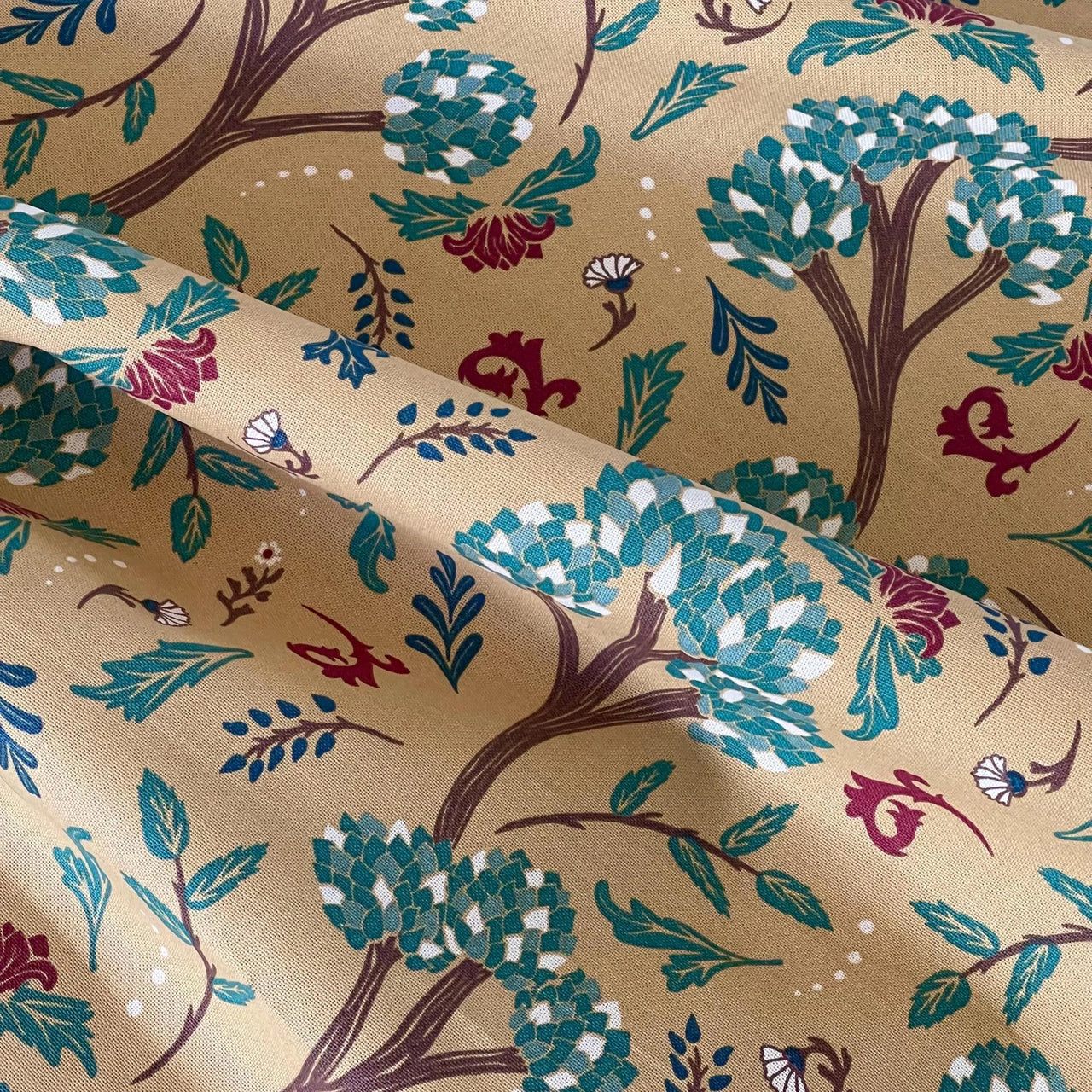 Golden Cypress Botanical Fabric – Mustard Yellow Cotton Blend for Curtains, Blinds & Upholstery | Boho & Vintage Home Decor