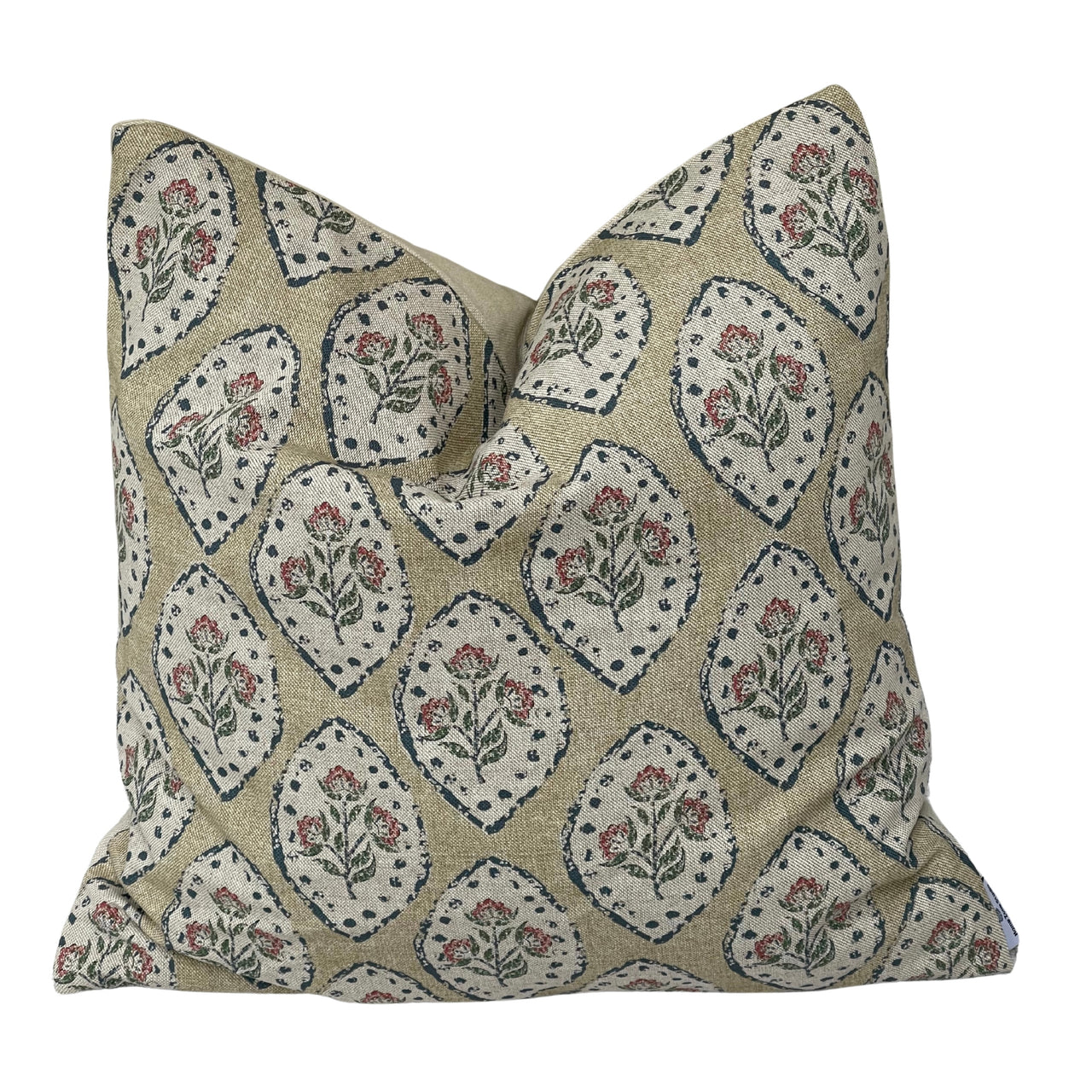 Natural beige floral medallion cushion cover with dusty red flowers, sage leaves and navy outlines on cotton linen blend.