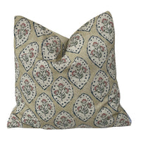 Thumbnail for Natural beige floral medallion cushion cover with dusty red flowers, sage leaves and navy outlines on cotton linen blend.