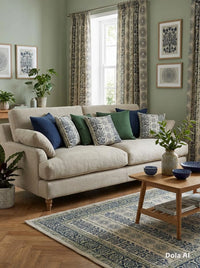 Thumbnail for Natural linen-look cushion cover with deep blue folk floral and medallion pattern.