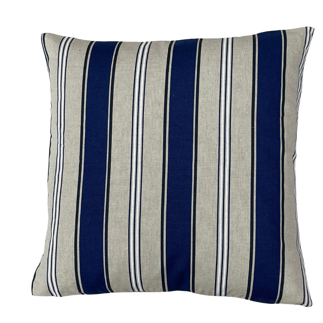 Navy blue and natural beige striped decorative cushion with narrow contrasting lines and a classic nautical design.
