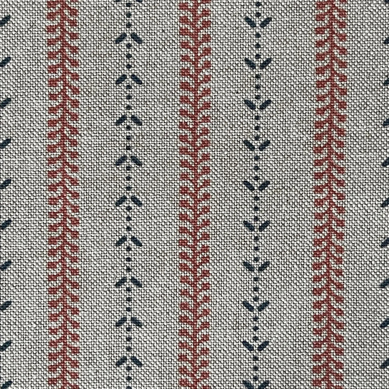 Farmhouse botanical stripe fabric in indigo blue and brick red