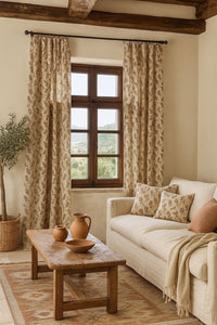 Thumbnail for Cosy natural living space featuring botanical oak leaf curtains and cushions – ideal for farmhouse, vintage, or country interiors