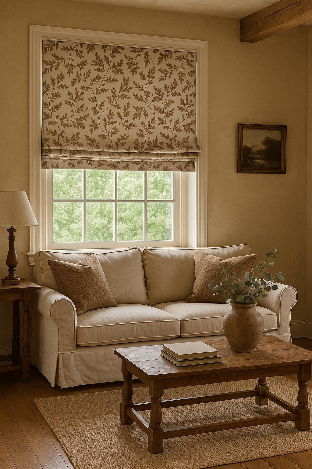 Oak leaf print Roman blind in warm brown and beige cotton-linen blend – custom made window covering