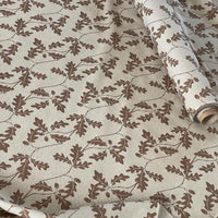 Thumbnail for Natural cotton-linen fabric with brown oak leaf pattern on beige background – ideal for curtains or upholstery