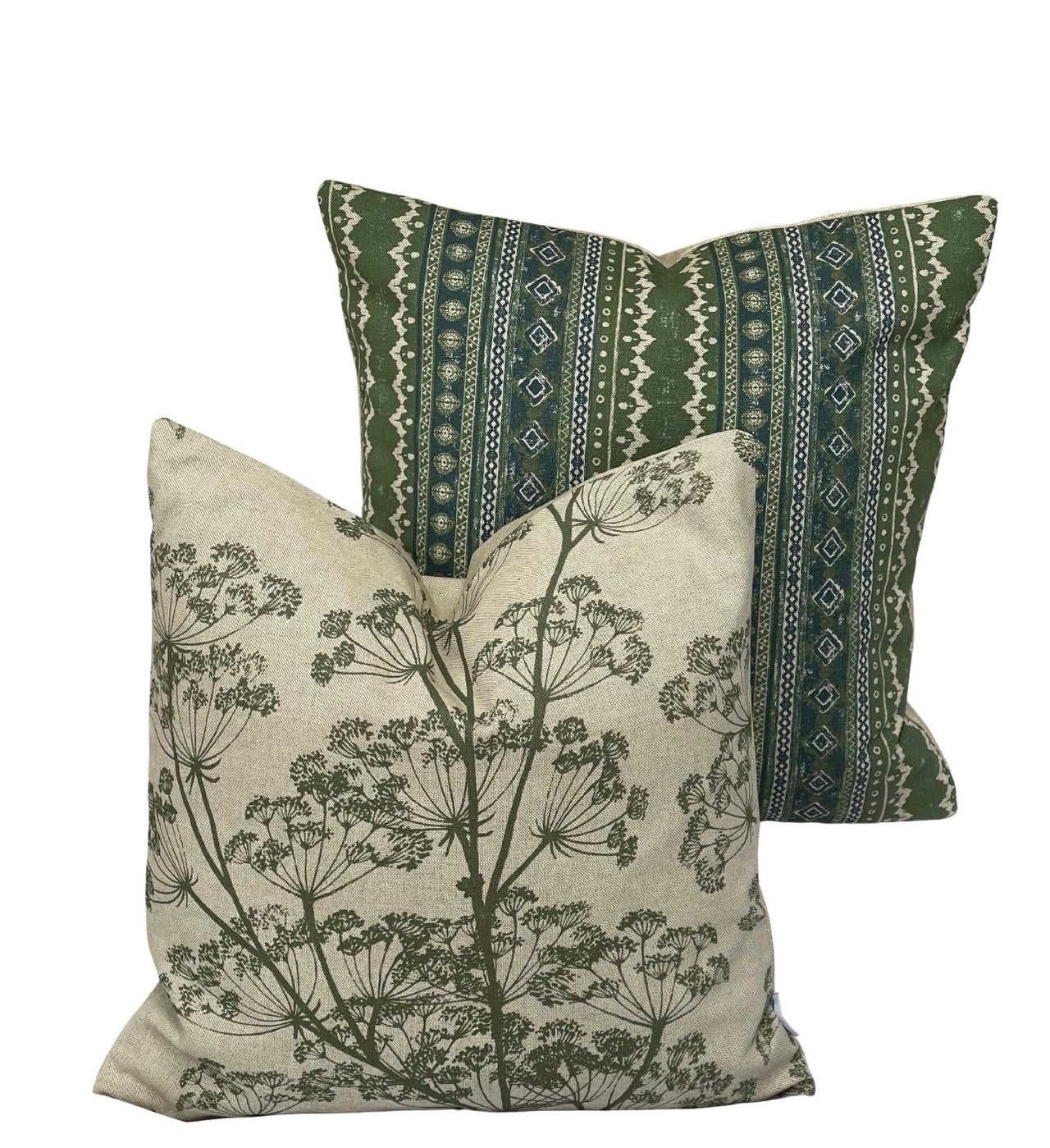 Olive green cow parsley cushion cover styled with a coordinating striped cushion