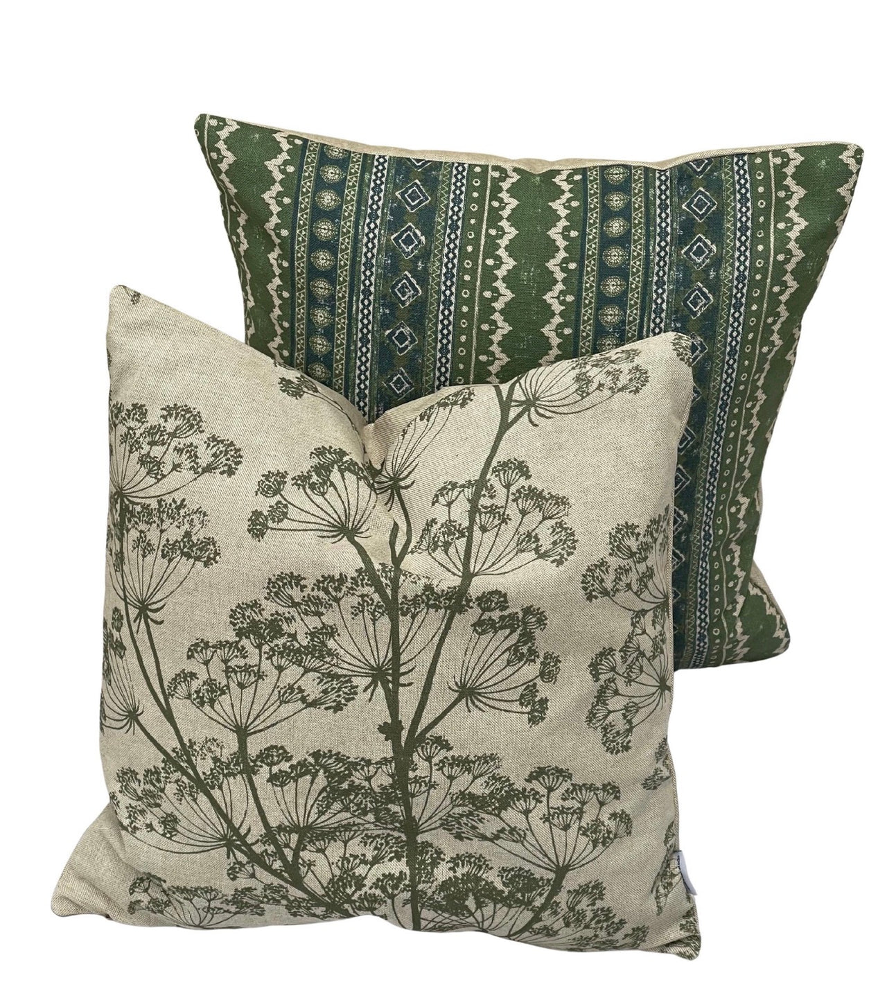 Plain oatmeal reverse of the handmade olive green botanical cushion cover
