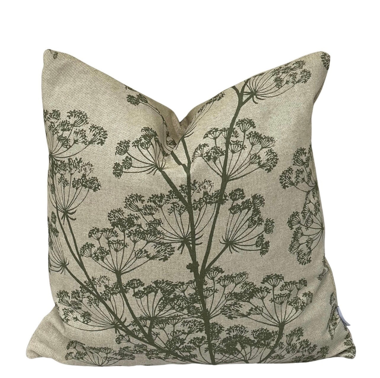 Olive green cow parsley cushion cover on a textured oatmeal background