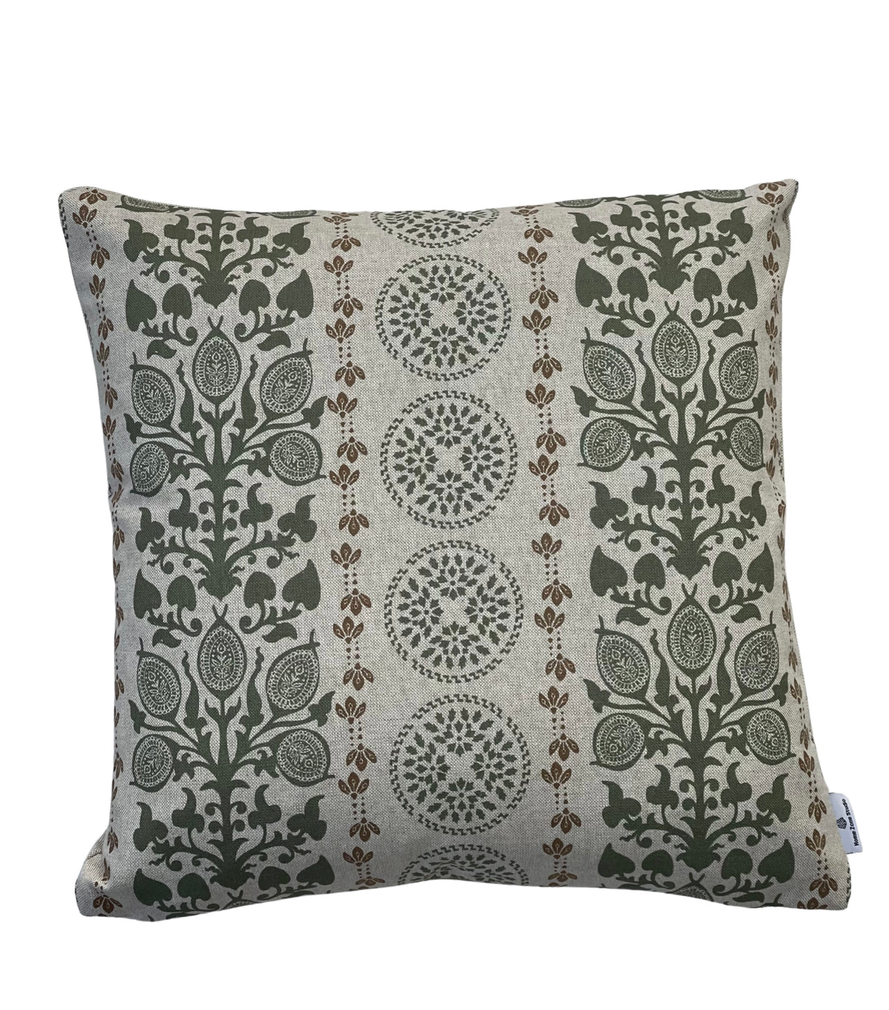 Olive green folk medallion cushion cover with botanical stripe design on natural linen-look fabric.