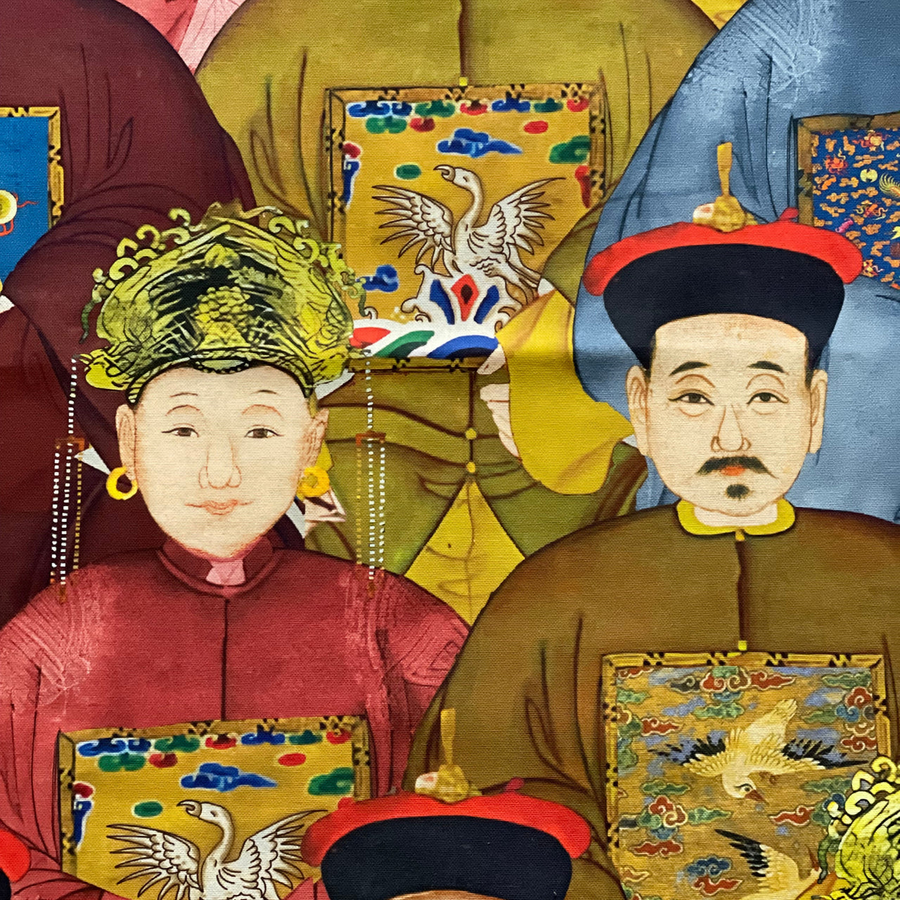 Decorative cotton fabric displaying traditional Chinese court portraits, intricate headdresses and colourful historical costume details.