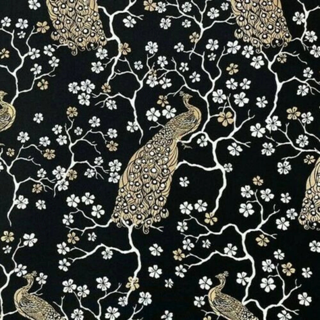 Pattern of peacocks and flowers on a black background