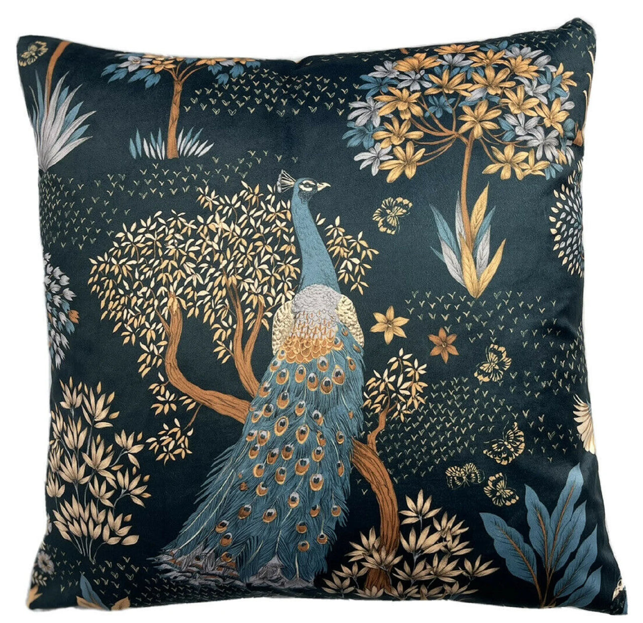 Decorative pillow with a peacock design on a dark background