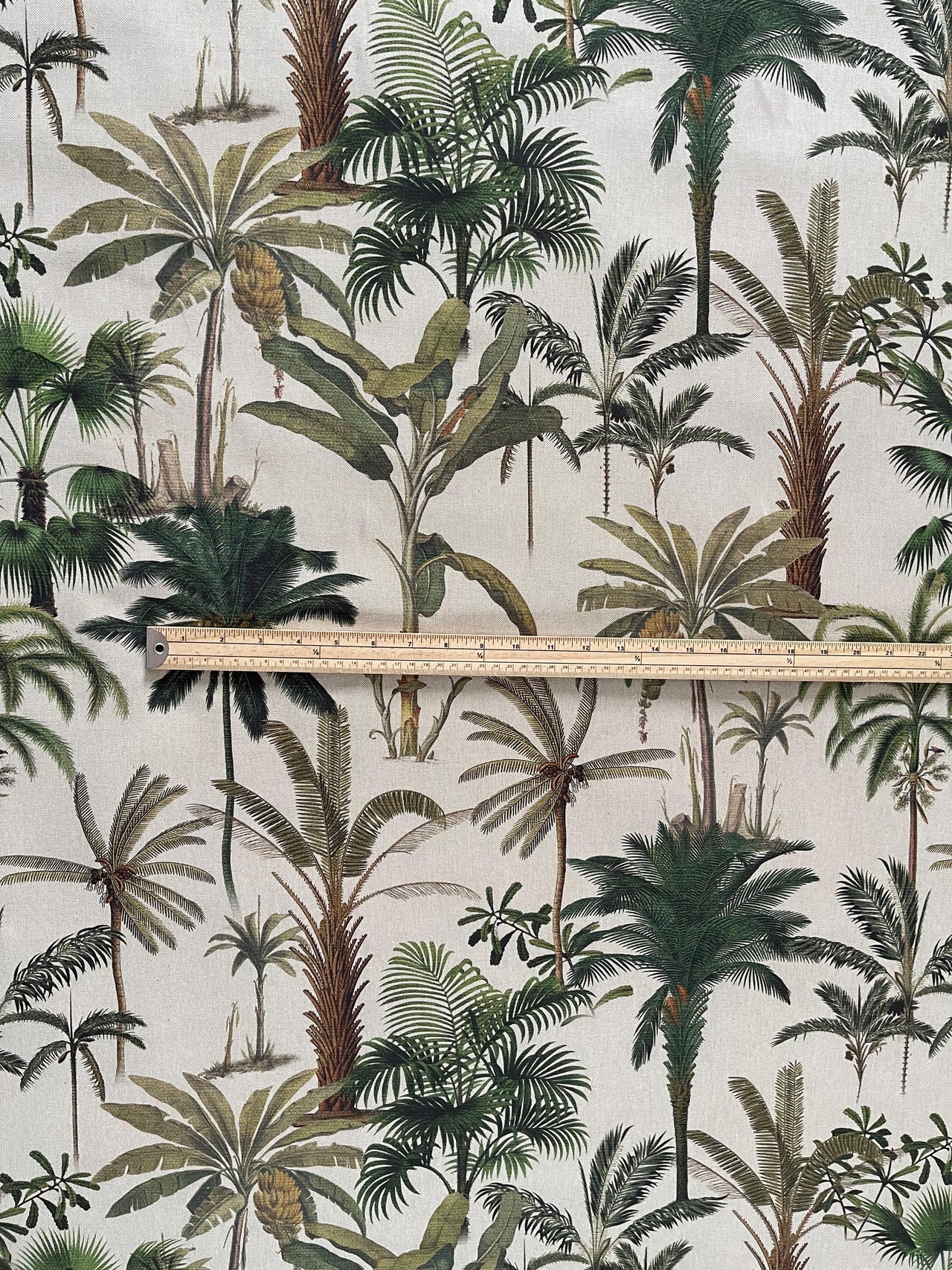 Tropical jungle cotton fabric with detailed vintage palm illustrations