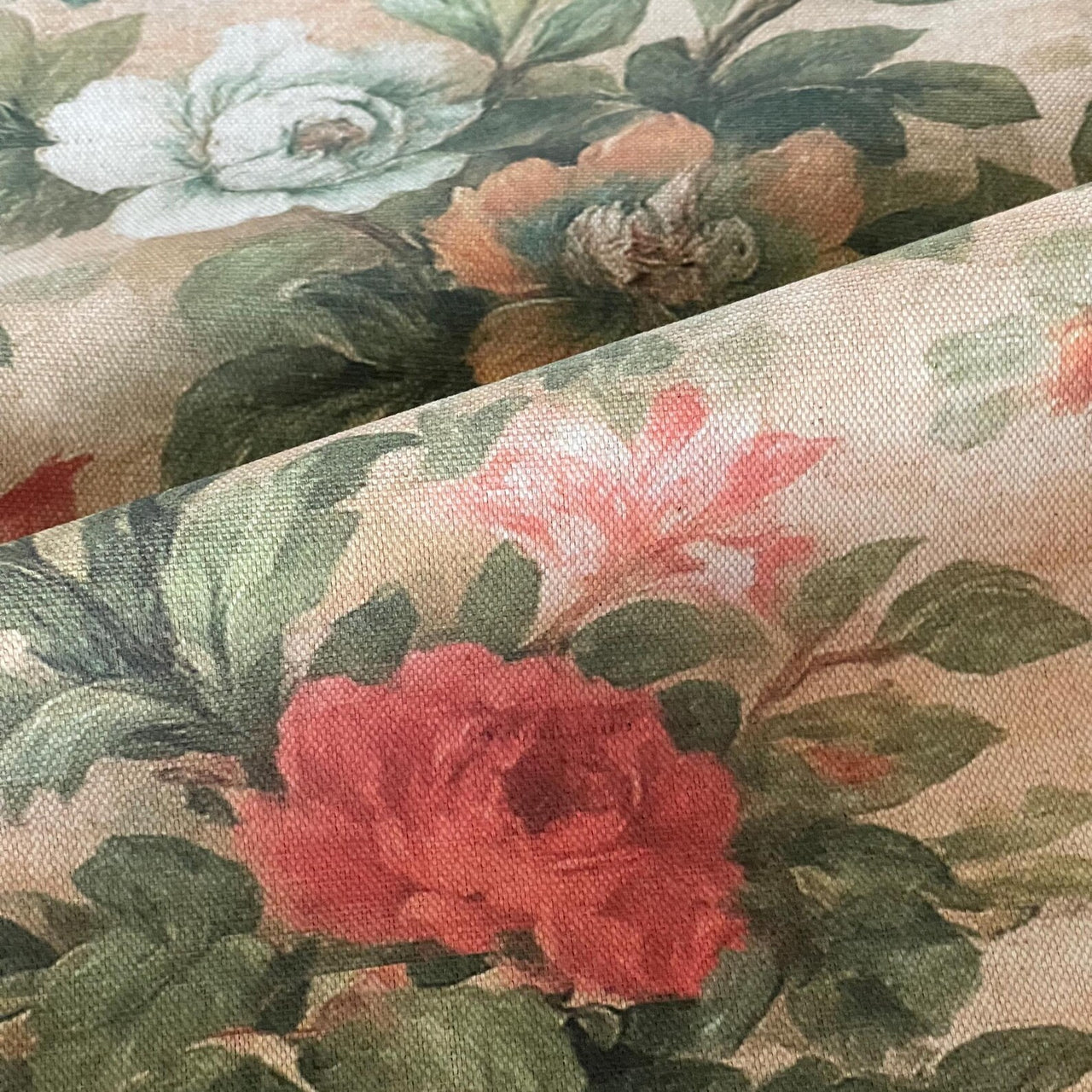 Painterly rose bouquet fabric in vintage colour palette