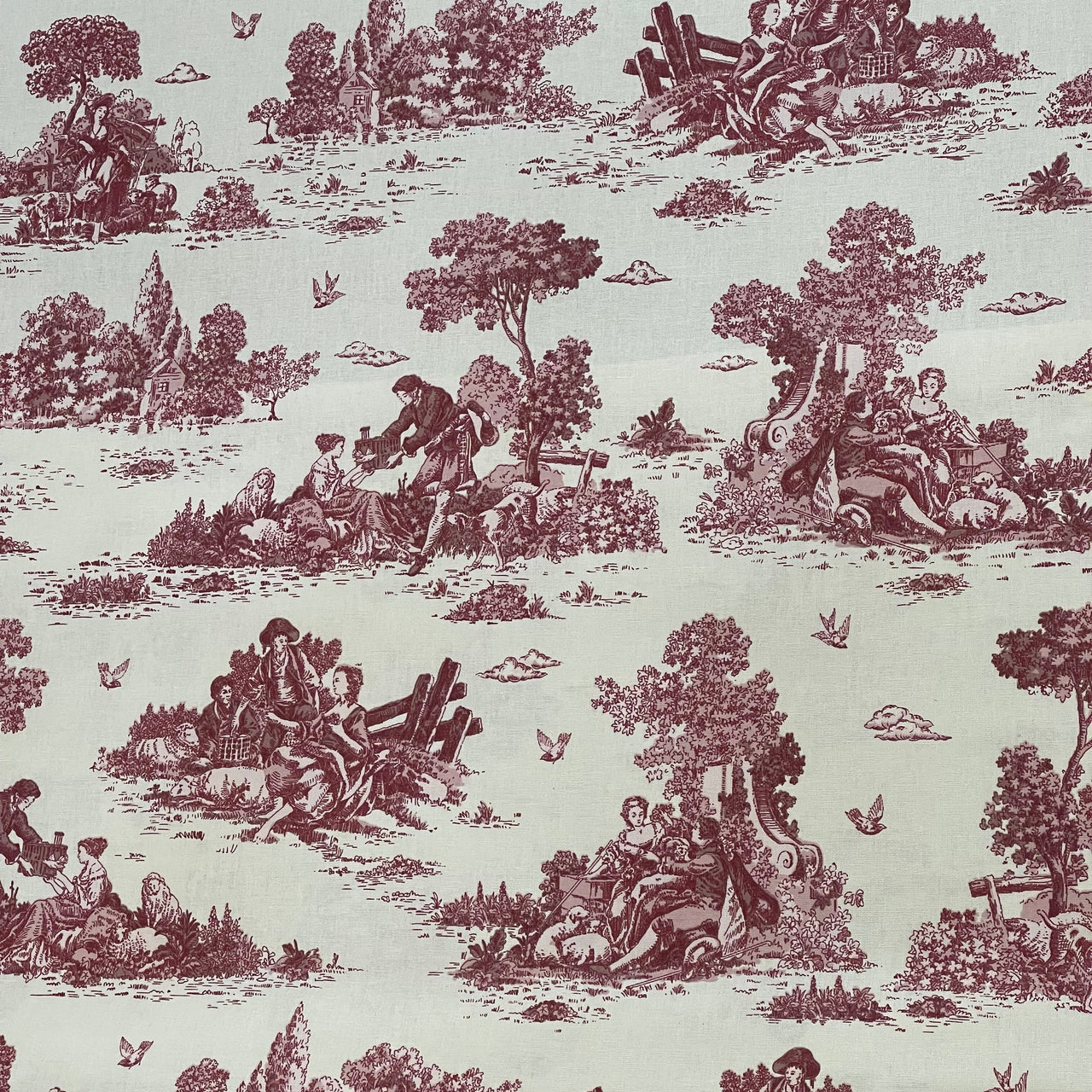 Vintage-style pastoral fabric with trees and birds