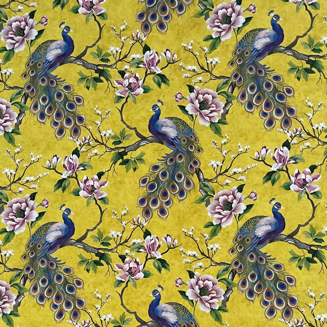 Peacock and magnolia print cotton fabric in yellow and green – full pattern view