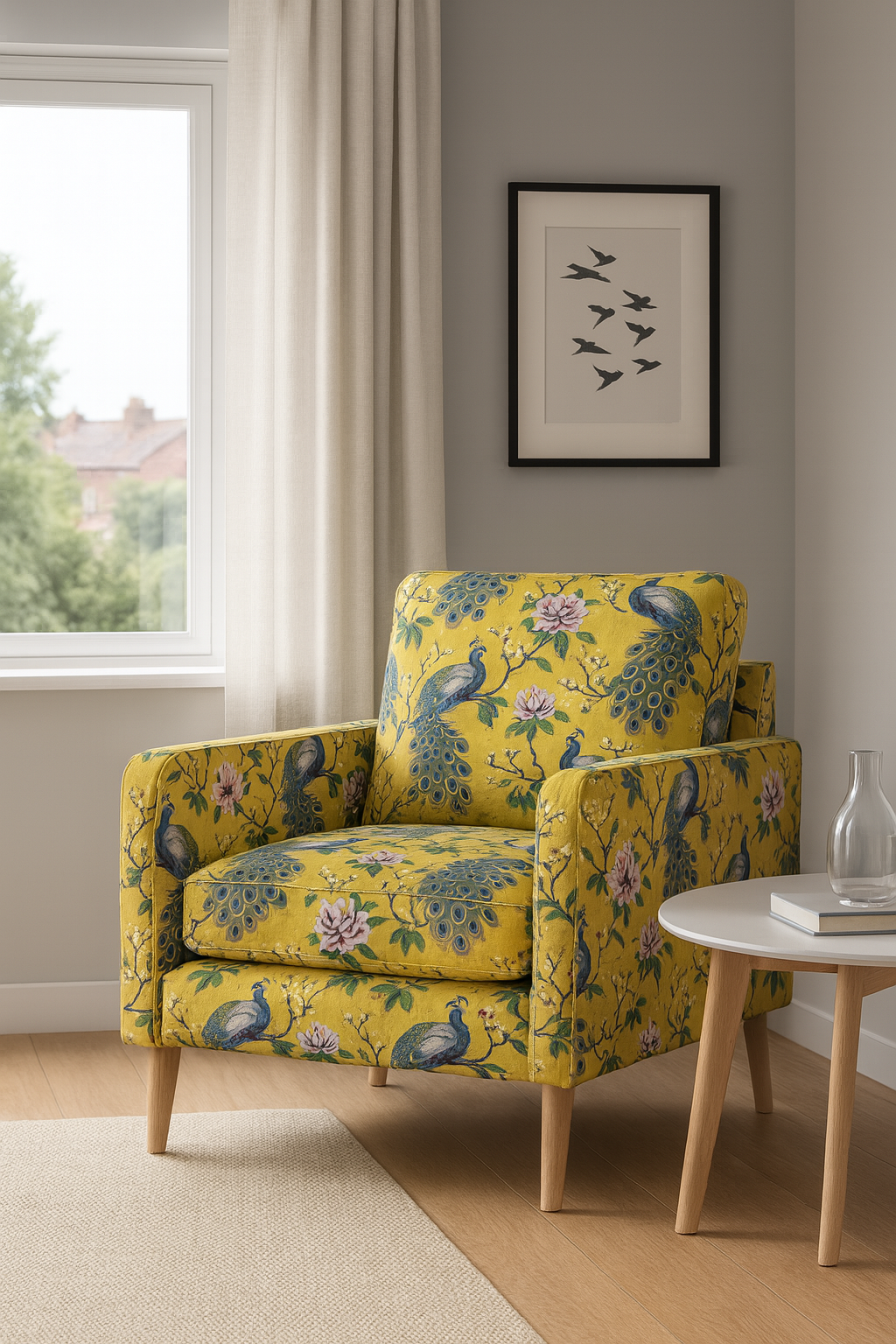 Modern Scandi-style living room with armchair upholstered in peacock and magnolia yellow floral cotton fabric