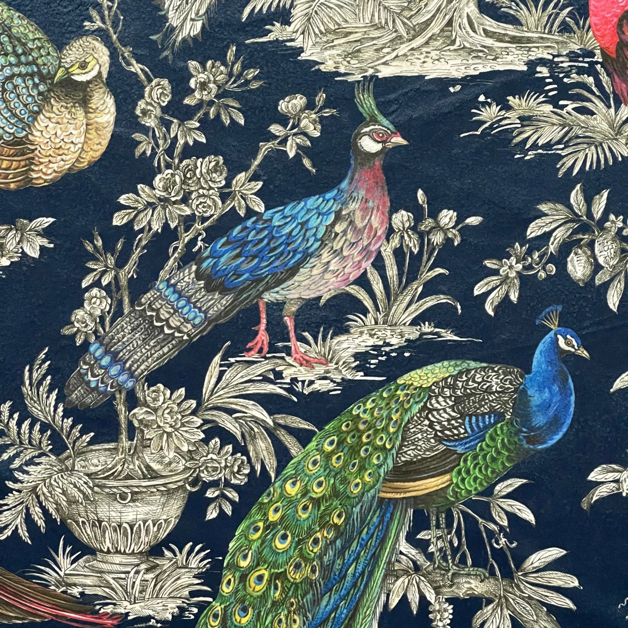Peacock and pheasant velvet fabric navy blue floral bird print.