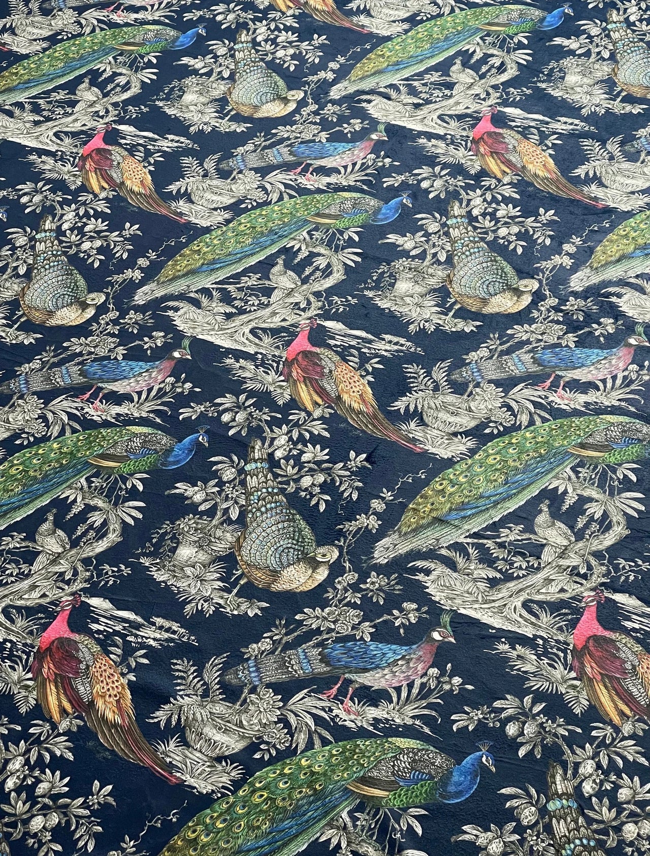 Decorative bird print velvet fabric close detail