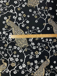 Thumbnail for Fabric with peacock and floral pattern on a black background, measured with a ruler.