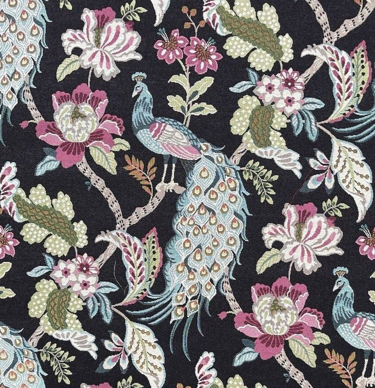 Decorative fabric pattern with peacocks and flowers on a black background